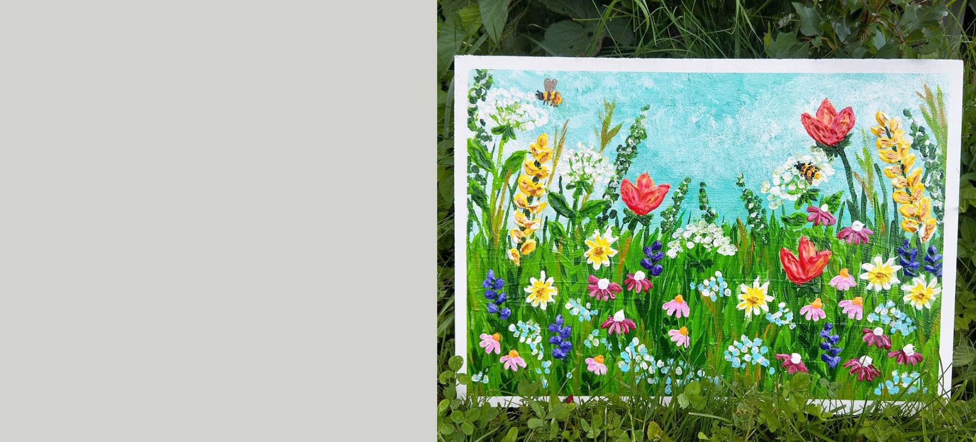Banner Image mit farbiger Blumenwiese auf Sperrholzplatte Breite 42cm Hoehe 30cm mit Acrylfarben und Liebe gemalt von Melanie Bruck Urheberrecht Copyright BunteFarbenLiebe