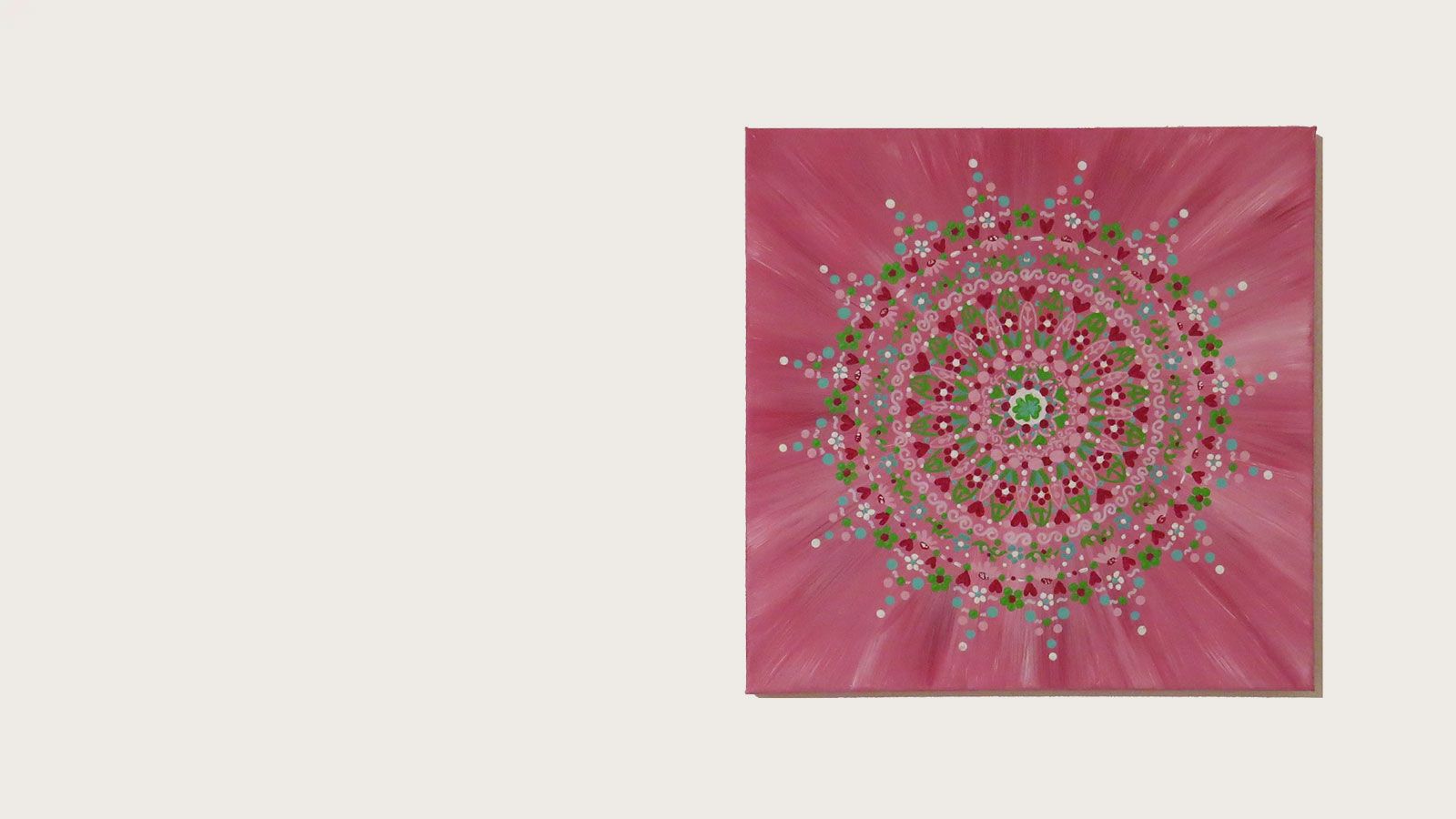 Hero Image mit bunten Mandala Rosa Hintergrund auf Baumwolle Leinwand Breite 39cm Hoehe 39cm mit Acrylfarben und Liebe gemalt von Melanie Bruck Urheberrecht Copyright BunteFarbenLiebe